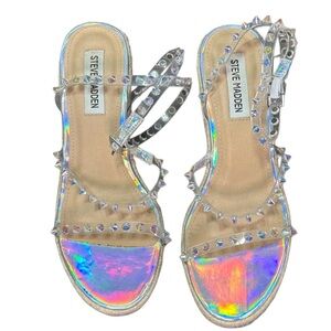 Steve Madden Z1523* Womens Silver Jaxy Studded Espadrille Wedge Sandals Size 6.5